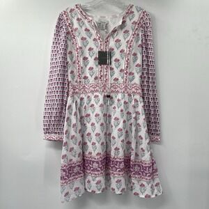 Haute Hippie Style Dress Womens Small White Pink Floral Boho Cotton Mini Tassel